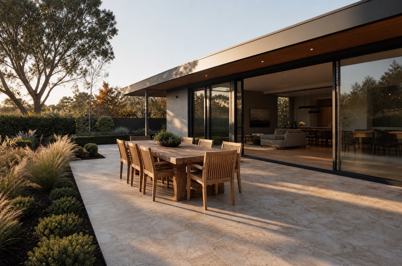 Travertine-look concrete alfresco patio with outdoor dining