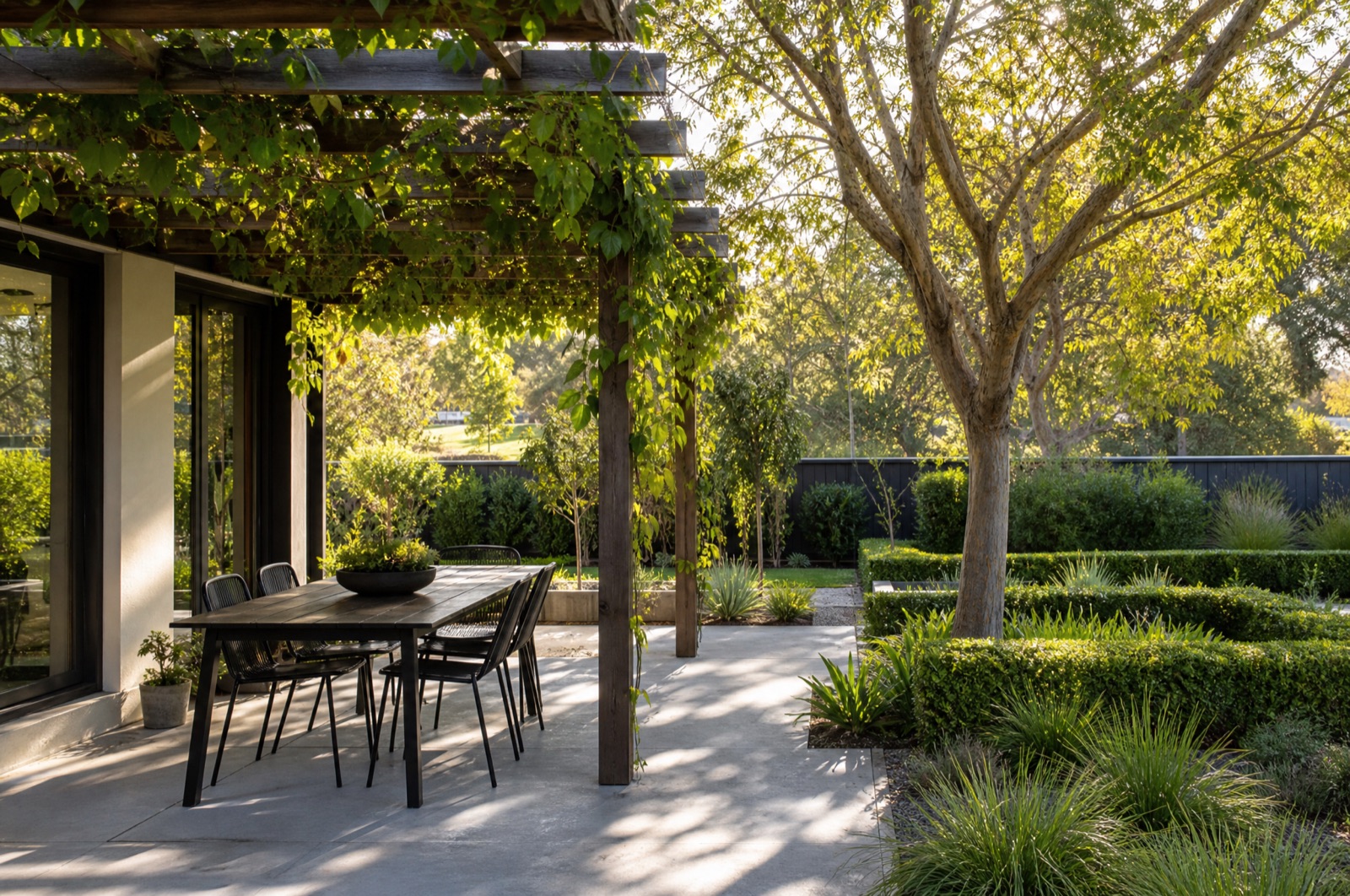 Concrete patio beneath a timber pergola in a leafy garden