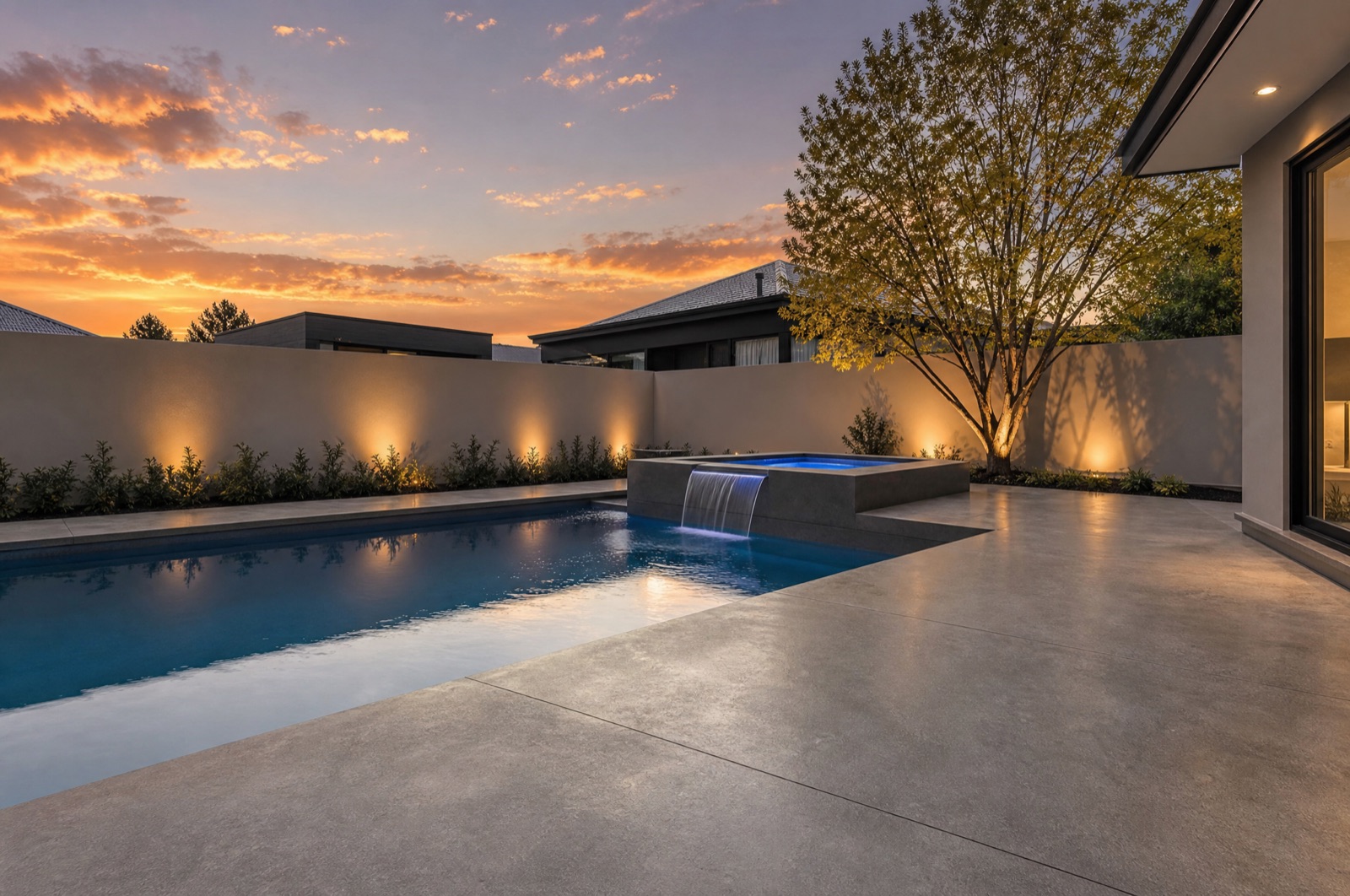 Concrete pool deck with a raised spa and water feature at sunset