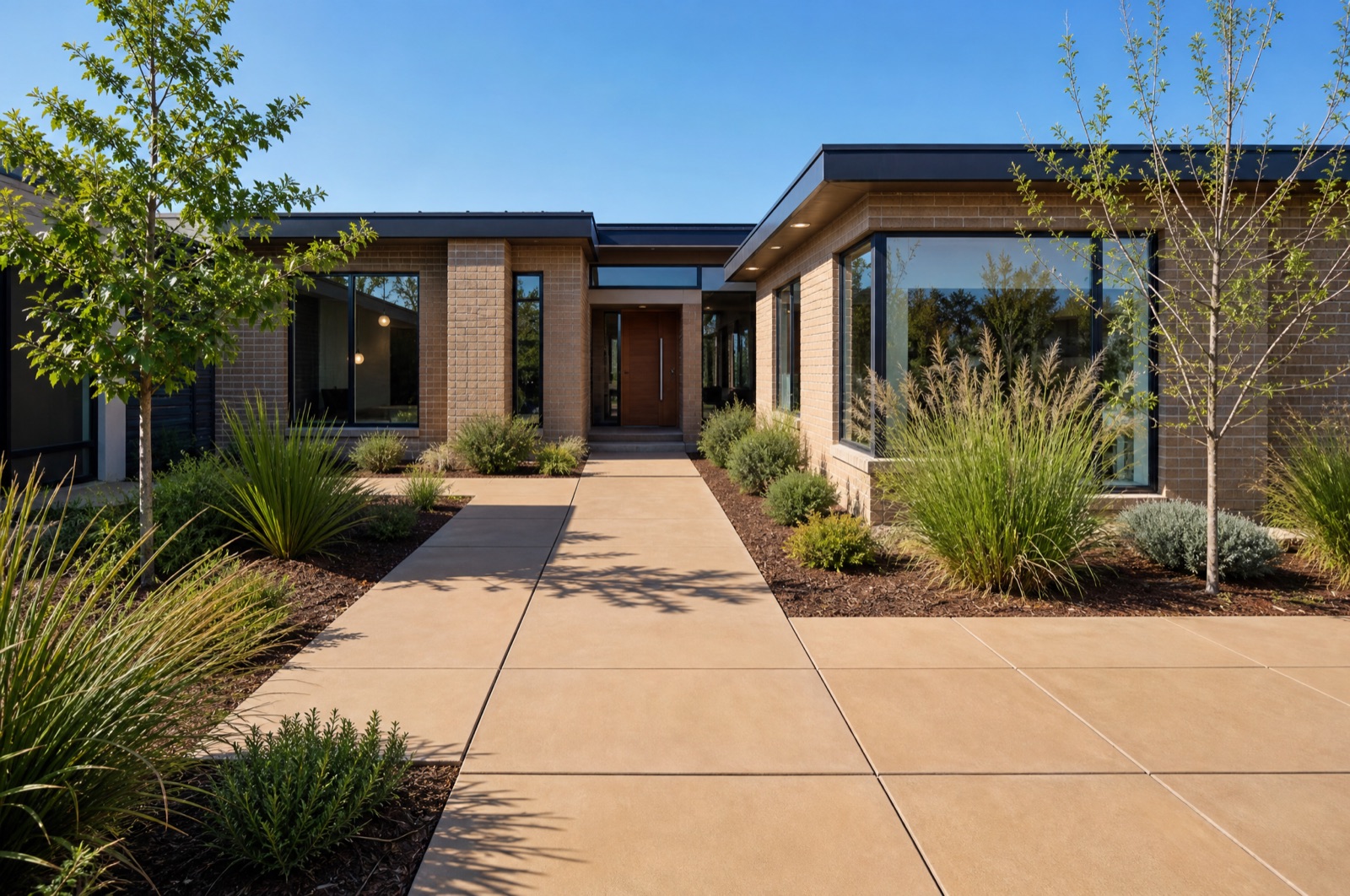Coloured-concrete courtyard and path at a modern home