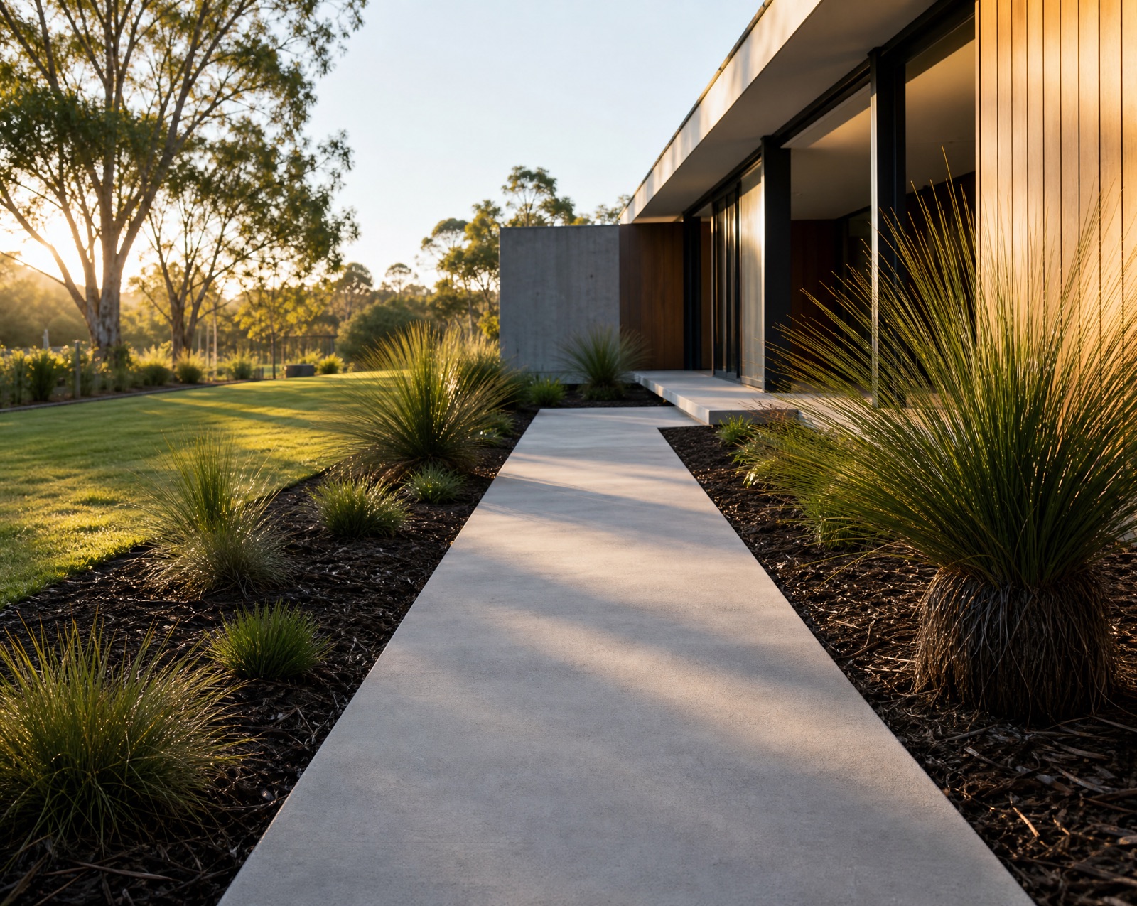 Finished concrete path alongside a contemporary home with a native garden