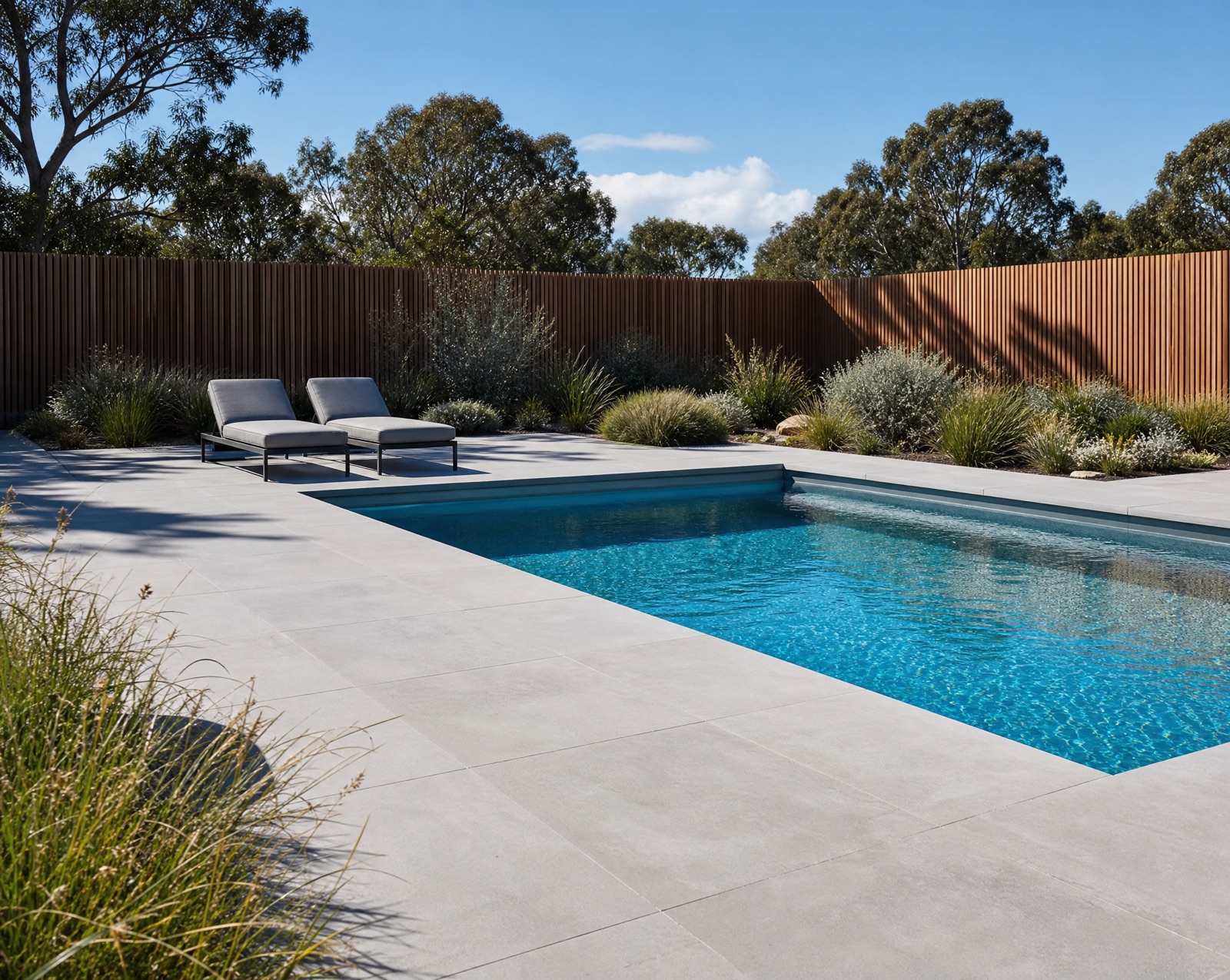 Honed concrete pool deck and surround in a Melbourne backyard